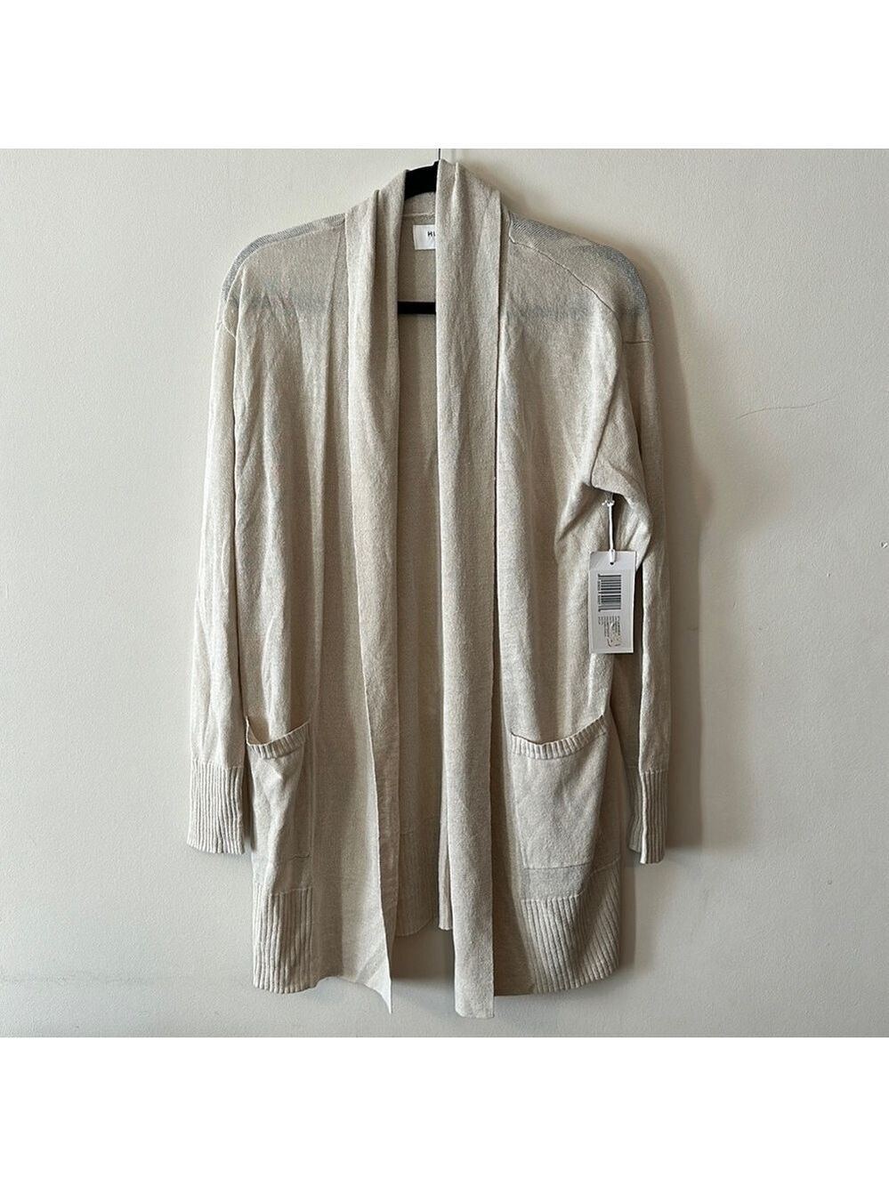 Hudson North Linen Blend Long Length Open Front Duster Cardigan in Sand/Cream